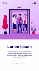 Fototapeta premium Positive people standing on elevator cab. Men and woman standing inside lift cabin with open doors. Vector illustration for architecture, transportation, technology concept