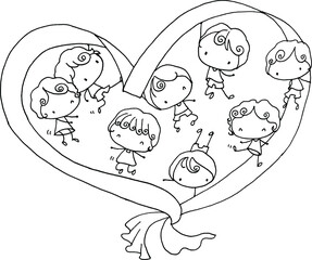 vector cartoon kids with heart shape ribbon