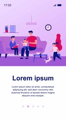 Single father playing games with kids at home. Happy young man and group of children having fun in living room together. Vector illustration for dad, family, parenthood concept