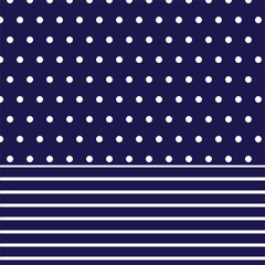 White polka dots pattern on blue background with white strips at bottom.