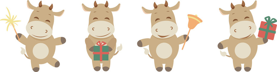 Cute ox, cow, bull in different poses isolated on white background vector flat cartoon illustration. Symbol 2021. Cow with a gift, Bull with a bell. Winter card, poster. New year, Christmas.