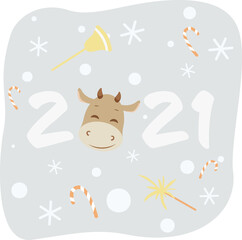 Text 2021 year with a cute cow.  Lettering 2021 with a bull on light background with falling snow, bell, lollipops, sparkler vector flat cartoon illustration. Winter card, poster. New year, Christmas.