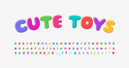 Multicolored cartoon alphabet, bubble shape font rainbow bright colors. Uppercase and lowercase letters, numbers, punctuation marks. Vector illustration