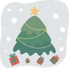 Spruce with decorations and gifts on light background with falling snow vector flat cartoon illustration. Winter card, poster. New year style, holidays vibes.Christmas tree with star and holiday boxes