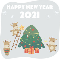 Text Happy new year 2021. Cute ox, cow, bull decorate the christmas tree on light background vector flat cartoon illustration. Spruce with gifts. Winter card, poster.New year,holidays vibes.