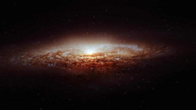 Space exploration in outer space name NGC 2683 or the UFO galaxy an edge on spiral galaxy located in the constellation Lynx with moving star field in background. 4K 3D rendering with NASA image.
