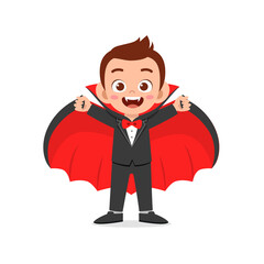 happy cute little kid boy and girl celebrate halloween wears dracula vampire costume with cape