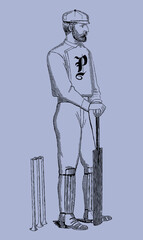 Obraz premium Vintage cricket player resting on a bat in front of the wicket, isolated on a blue-grey background, after an antique illustration from the 19th century