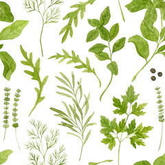 Watercolor seamless pattern made of culinary herbs isolated on white background. Dill, rosemary, parsley, thyme, arugula, black pepper, oregano, basil.