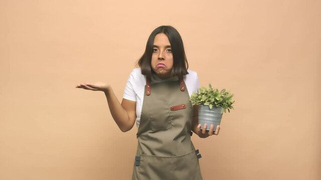 Young gardener indian woman shrugs shoulders and open eyes confused