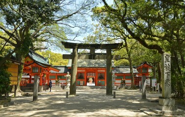 Fototapeta na wymiar Sumiyoshi Shrine in Fukuoka city, Japan. This shrine is dedicated to safe travel by sea and is presumably the oldest shinto shrine in Kyushu.