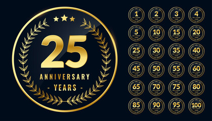 set of rounded anniversary golden labels or emblems - obrazy, fototapety, plakaty