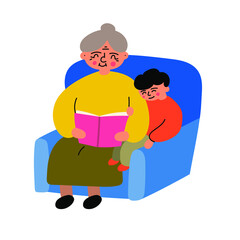 Grandmother read book for grandson. Hand drawn vector illustration on white background. 