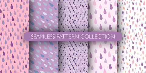 Set of raindrops doodle seamless pattern. Blue and purple drops. Weather theme.