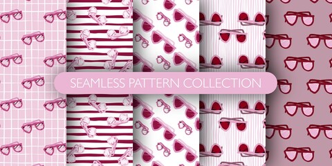 Set of seamless pattern with lilac sunglasses elements. Simple eyewear print collection.