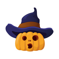 Cartoon halloween pumpkin wearing witch hat isolated on white background.  Surprised halloween pumpkin.