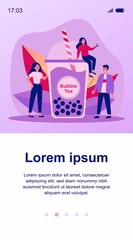 People with plastic cup of bubble milk tea. Happy tiny girls and guy drinking pink fruit boba beverage. Vector illustration for refreshment, summer, Asian fresh bar concept