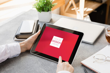 Hands holding devices or gadgets with copyspace for ad - mockup, digital concept. Office or...