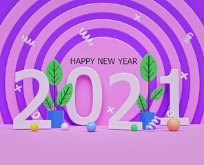 Happy New Year 2021. abstract colorful decorative design for party Poster, banner, invitation card. 3d rendering
