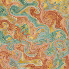 Teal blue orange with golden veins marble texture. Abstract liquid paint background. Trendy surface, luxurious material design, digital illustration