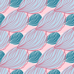Blue leafs with pink contour seamless pattern. Abstract botanic print on light pink background.