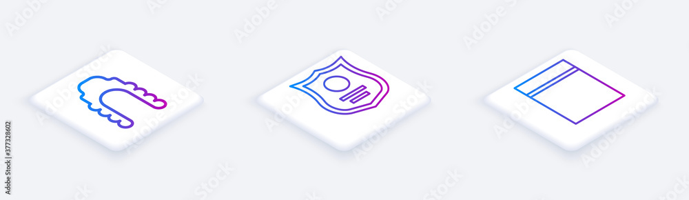 Poster set isometric line judge wig, police badge and plastic bag with ziplock. white square button. vector