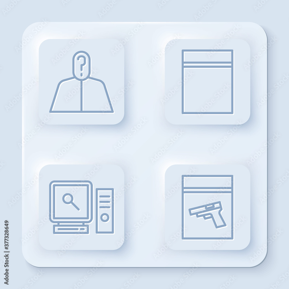 Poster set line anonymous with question mark, plastic bag with ziplock, search on computer screen and evide