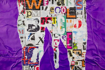 Torn and peeling purple paper on bright collage from clippings with letters and numbers texture background.