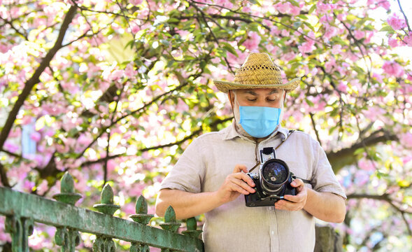 professional photographer work during coronavirus quarantine. man tourist use camera take photo of cherry blossom. sakura in full bloom photography. senior bearded man in respirator mask. Hot day