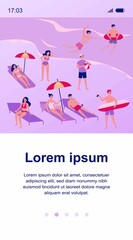 People relaxing at beach flat vector illustration. Cartoon various characters sunbathing under umbrella, swimming in ocean and playing games. Vacation and summer activity concept