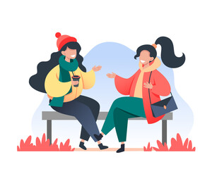 Young women sit on a bench and communicate. Walking in the fresh air, meeting with a friend. Vector illustration in flat style