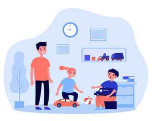 Happy children playing in room together. Toy, car, fun flat vector illustration. Game and childhood concept for banner, website design or landing web page
