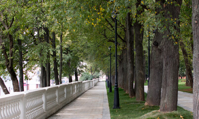 beautiful alley with railings in the park. Autumn on the embankment