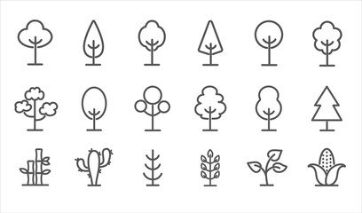 Large set of eighteen line drawn black and white tree and plant icons for design elements, vector illustration