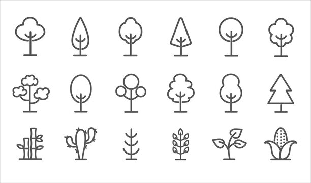Large set of eighteen line drawn black and white tree and plant icons for design elements, vector illustration