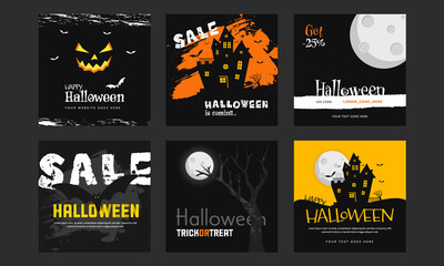 6 Halloween social media layout posts, square scary graphic design with orange and black accent