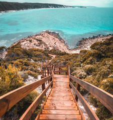 Steps leading to an empty beach, white sand and turquoise water, Esperance Western Australia
