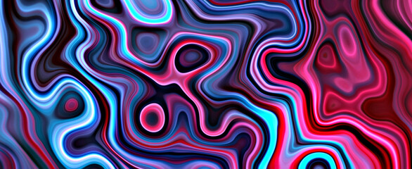 Abstract colorful glowing pink red and blue neon color. 3D illustration rendering wavy turbulent surface panoramic banner abstract background. Glowing gradient curled swirling linear rainbow pattern.