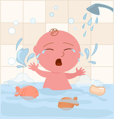 Crying baby boy throws a tantrum in bathtub, afraid of water, cartoon vector illustration