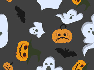 Halloween seamless pattern with ghosts, bat and evil pumpkins. Jack-o-lantern. Festive background for wrapping paper, print, fabric and printing. Vector illustration