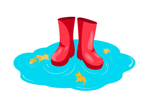  Vector illustration of an autumn rainy day. Walk in rubber red boots maple leaves and puddle after rain