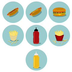 Fast food icons set, cartoon flat design of fast food meal with shadows. Hot dog, hamburger, french fries, sauces. Colorful vector stylized icons