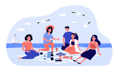 Fototapeta premium Friends enjoying picnic at sea. Group of happy people sitting on beach with food and drinks on plaid. Vector illustration for leisure time, summer, seaside concepts