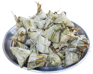 Chinese savoury dishes The name is Bajang wrapped in bamboo leaves in a triangular shape, tied with string on a silver tray. On a white background