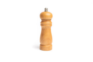 Wooden grinder for salt or pepper isolated on white background, side view