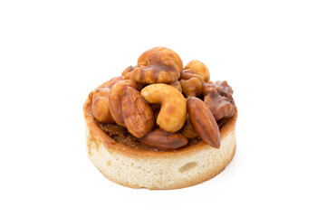 Tart with chocolate and nuts isolated on white