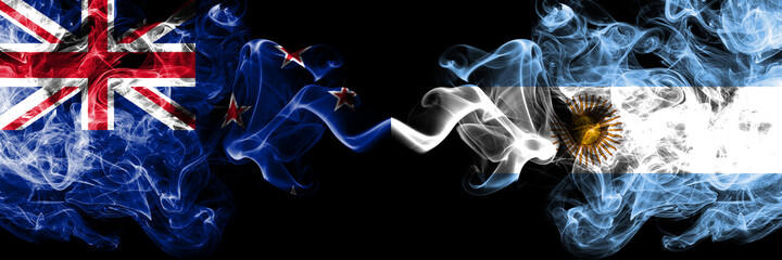 New Zealand vs Argentina, Argentinian smoky mystic flags placed side by side. Thick colored silky...