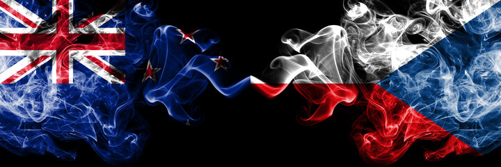 New Zealand vs Czech Republic smoky mystic flags placed side by side. Thick colored silky abstract smoke flags