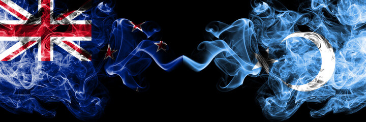 New Zealand vs East Turkestan, Uyghurs, Uyghur smoky mystic flags placed side by side. Thick colored silky abstract smoke flags
