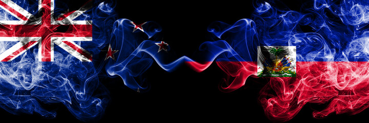 New Zealand vs Haiti, Haitian smoky mystic flags placed side by side. Thick colored silky abstract smoke flags